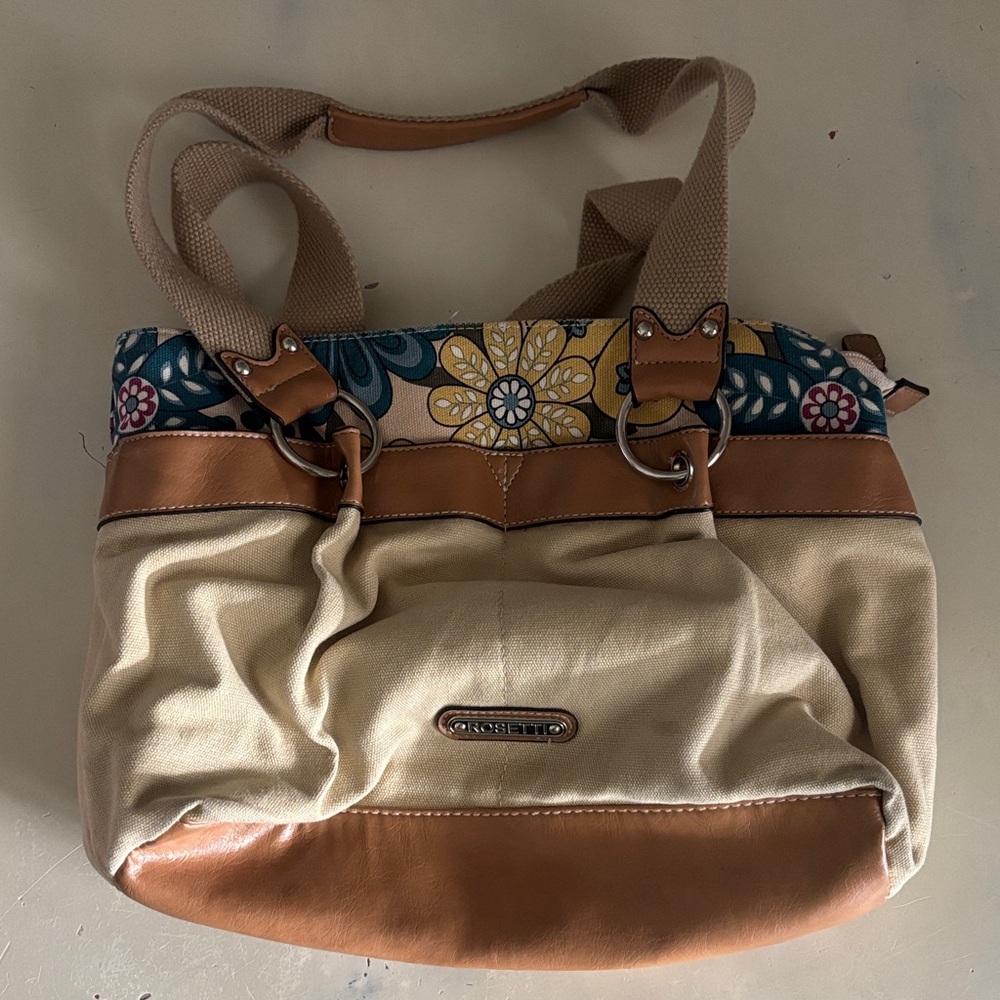 Rosetti Beige Canvas Purse with Tan Accents and Floral Band